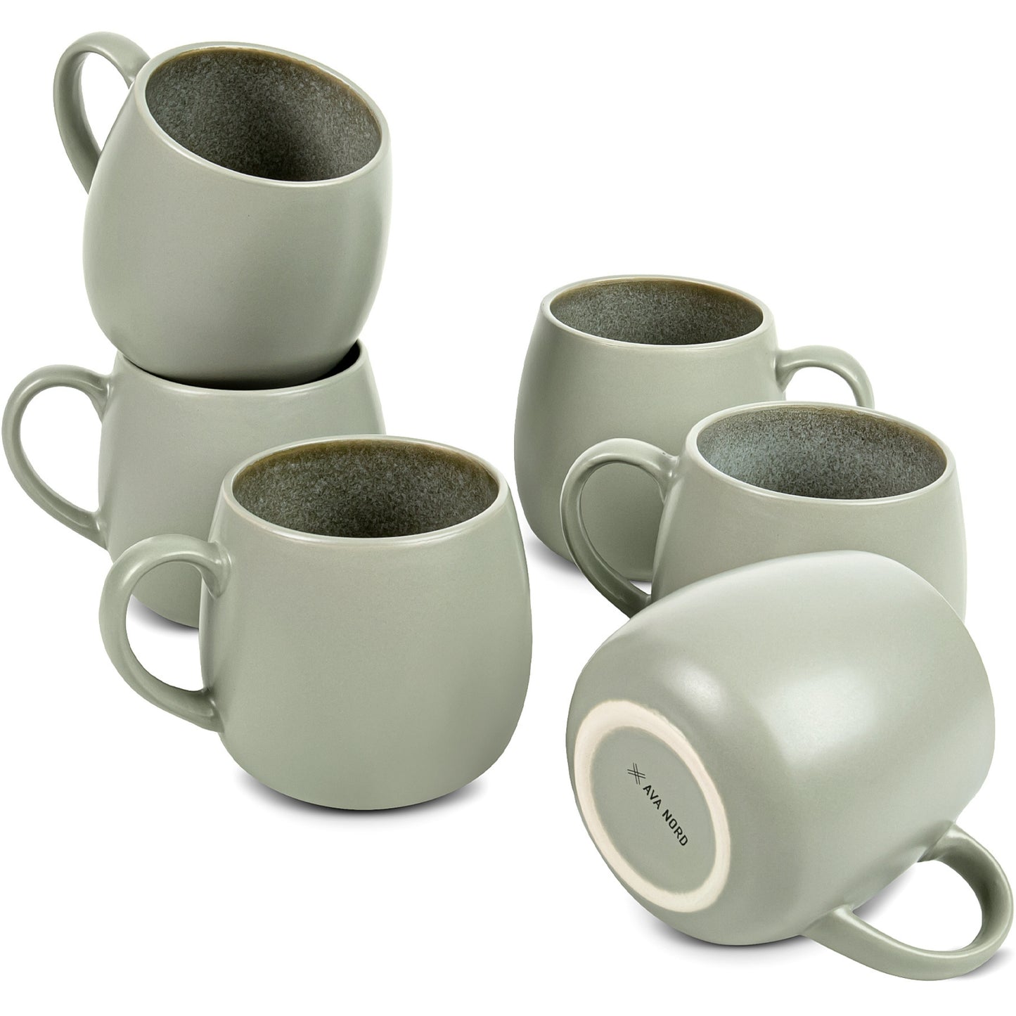 Ava Nord Ceramic Coffee Mugs Set of 6, 14oz - Modern Scandinavian Aesthetic Cup - Microwavable Stoneware Coffee Cups with Comfortable Handle - Tea Mug Set for Latte, Cappuccino, Soup - Soft Sage Green