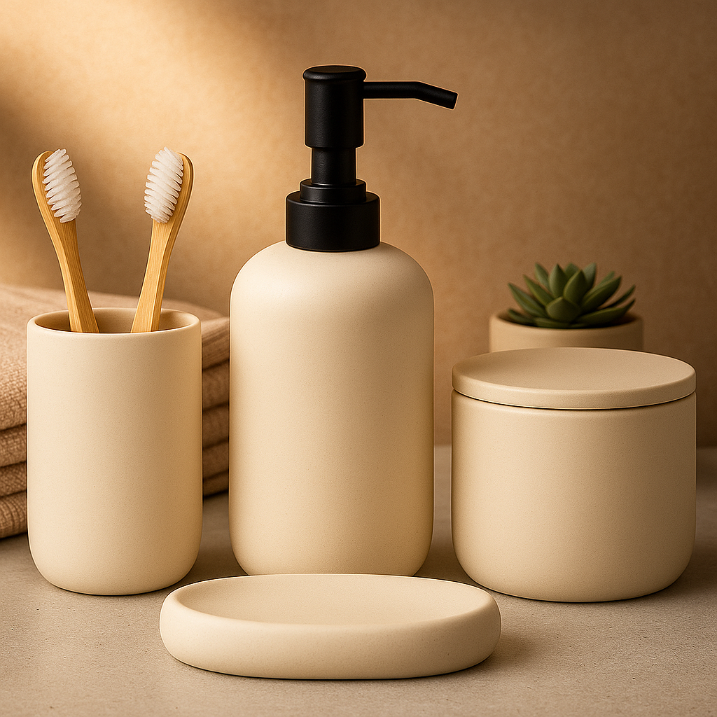Cream ceramic bathroom set in cozy vignette