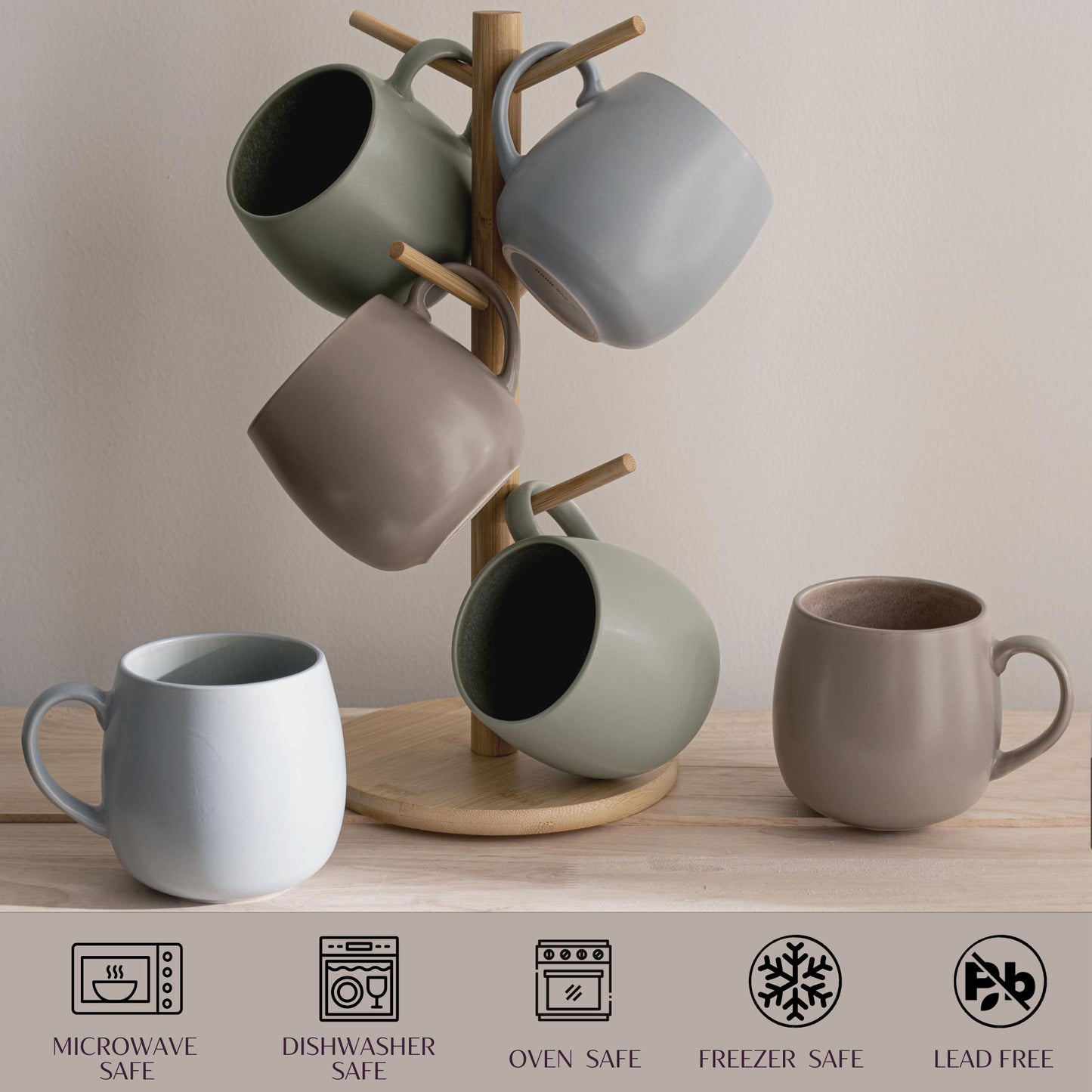 Ava Nord Ceramic Coffee Mugs Set of 6, 14oz - Modern Scandinavian Aesthetic Cup - Microwavable Stoneware Coffee Cups with Comfortable Handle - Tea Mug Set for Latte, Cappuccino, Soup - Soft Sage Green