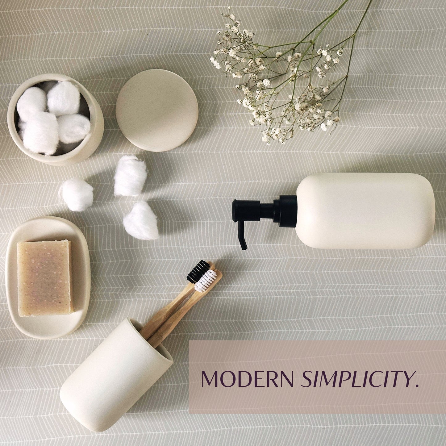 Ceramic Bathroom Accessories Set 4 Pcs - Modern Scandinavian Neutral Soap Dish & Dispenser Toothbrush Holder Cup - Minimalist Countertop Accessory Set - Cream Light Beige Off-White Bathroom Decor