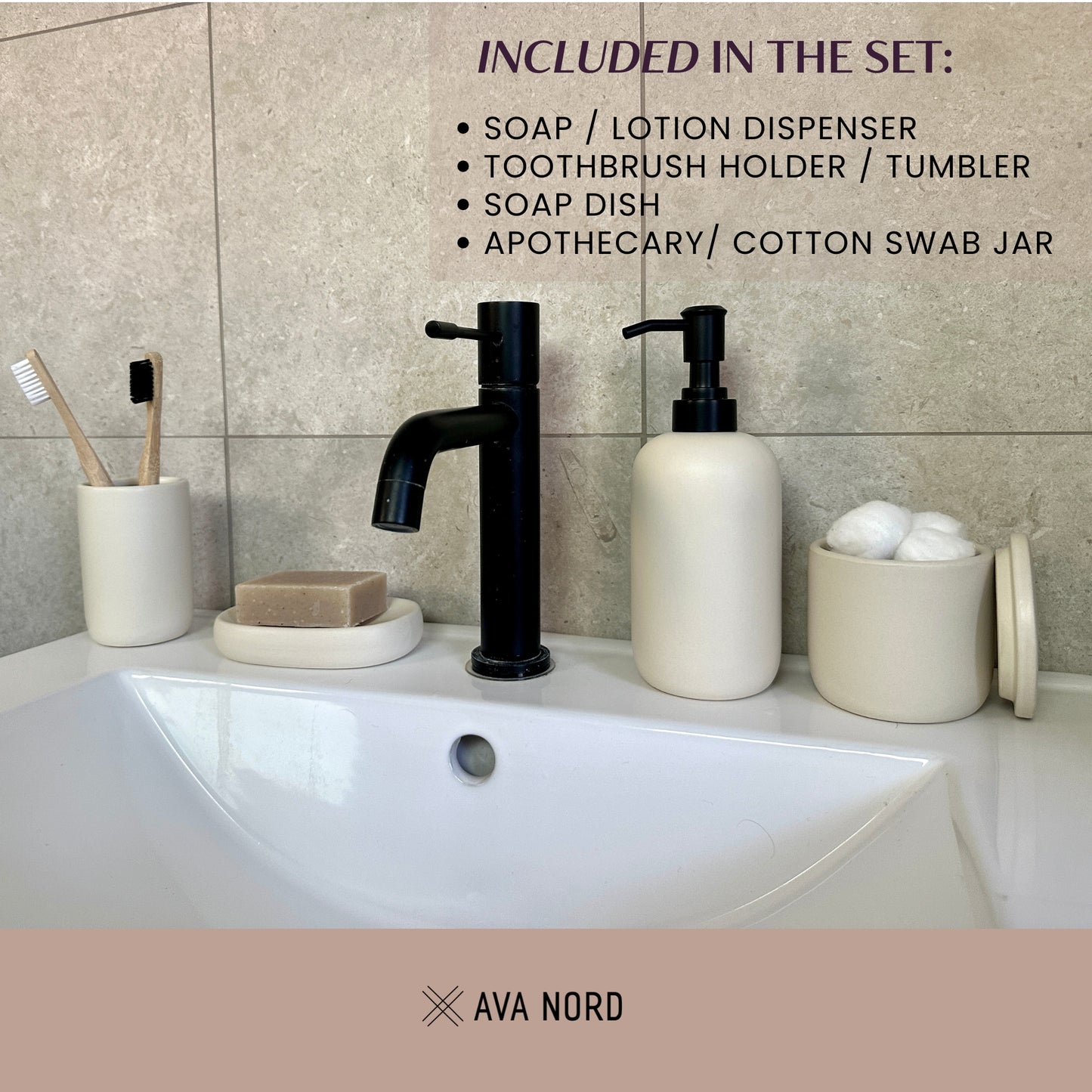 Ceramic Bathroom Accessories Set 4 Pcs - Modern Scandinavian Neutral Soap Dish & Dispenser Toothbrush Holder Cup - Minimalist Countertop Accessory Set - Cream Light Beige Off-White Bathroom Decor