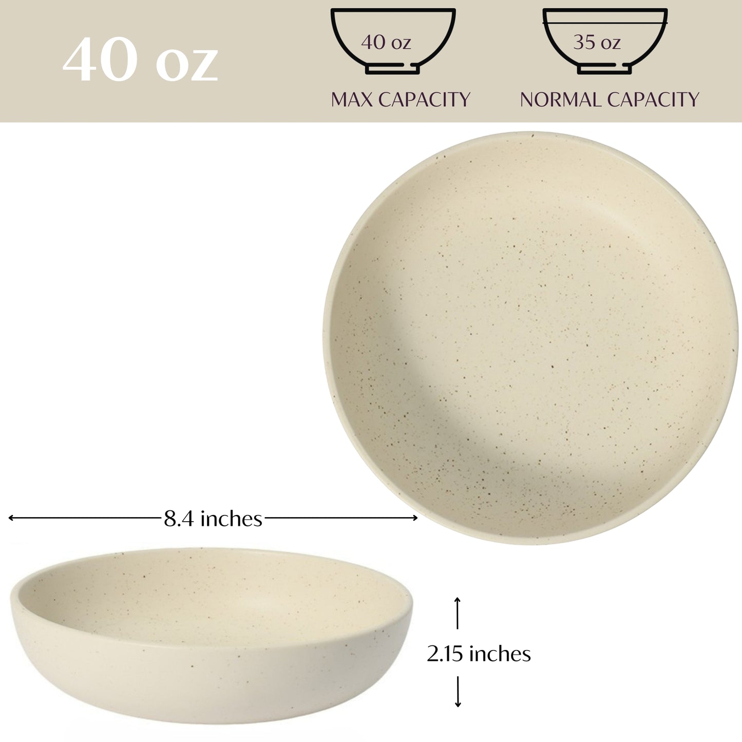 Large Ceramic Pasta Bowls Set of 4 - 40 oz - Beige
