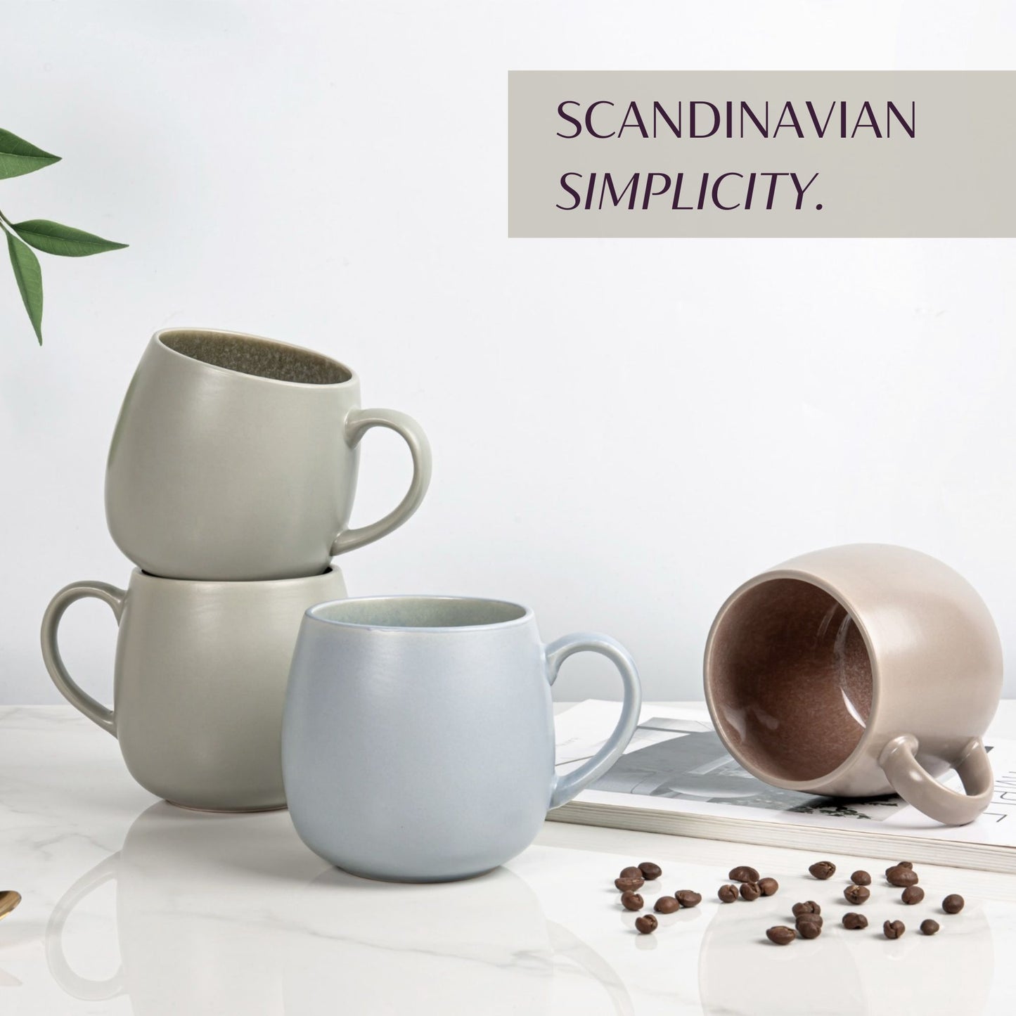 Ava Nord Ceramic Coffee Mugs Set of 6, 14oz - Modern Scandinavian Aesthetic Cup - Microwavable Stoneware Coffee Cups with Comfortable Handle - Tea Mug Set for Latte, Cappuccino, Soup - Soft Sage Green