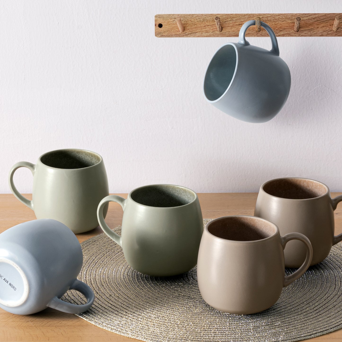 Ava Nord Ceramic Coffee Mugs Set of 6, 14oz - Modern Scandinavian Aesthetic Cup - Microwavable Stoneware Coffee Cups with Comfortable Handle - Tea Mug Set for Latte, Cappuccino, Soup - Soft Sage Green