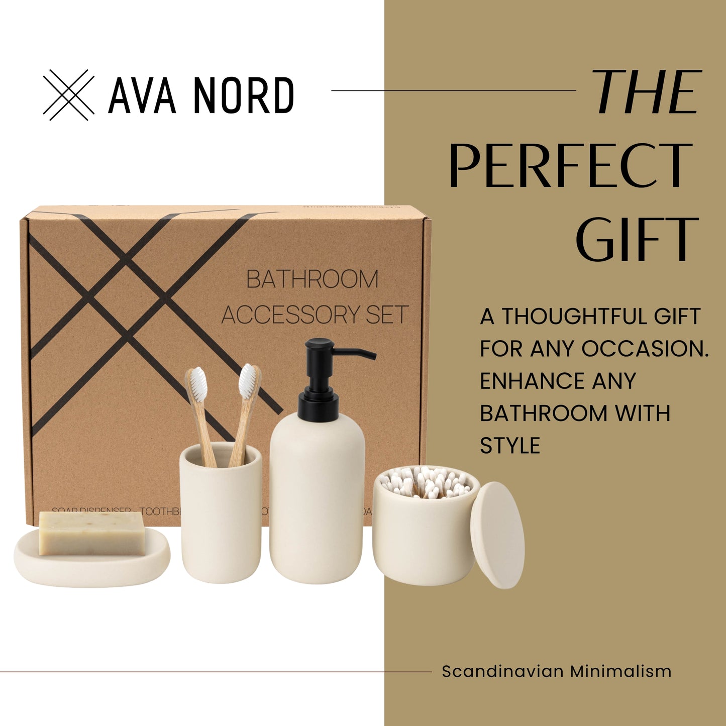 Ceramic Bathroom Accessories Set 4 Pcs - Modern Scandinavian Neutral Soap Dish & Dispenser Toothbrush Holder Cup - Minimalist Countertop Accessory Set - Cream Light Beige Off-White Bathroom Decor