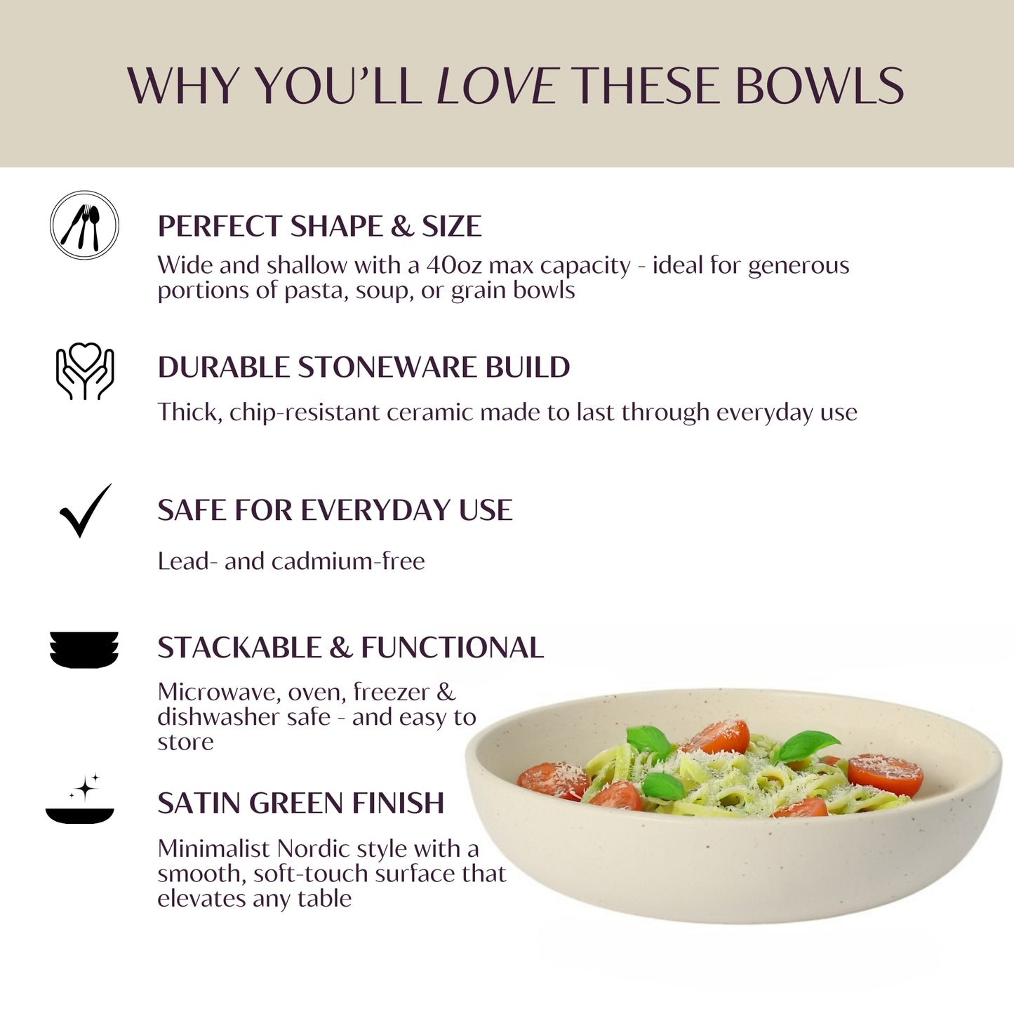 Large Ceramic Pasta Bowls Set of 4 - 40 oz - Beige