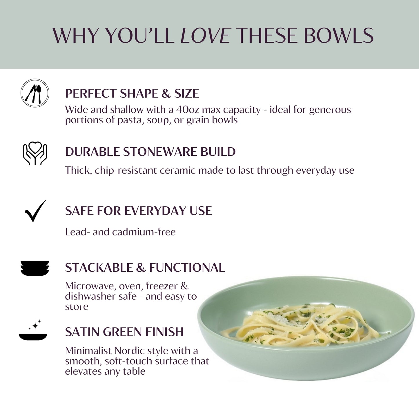 Large Ceramic Pasta Bowls Set of 4 - 40 oz - Green