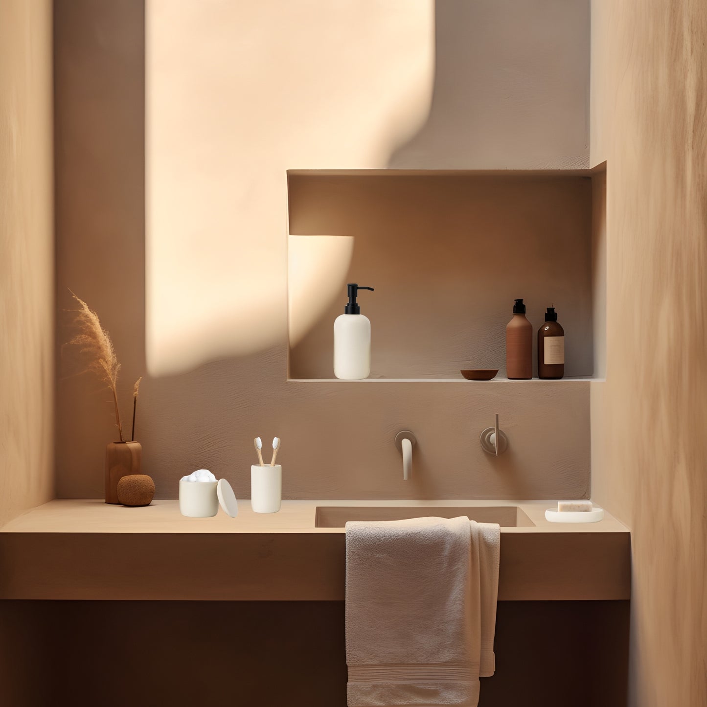 Ceramic Bathroom Accessories Set 4 Pcs - Modern Scandinavian Neutral Soap Dish & Dispenser Toothbrush Holder Cup - Minimalist Countertop Accessory Set - Cream Light Beige Off-White Bathroom Decor
