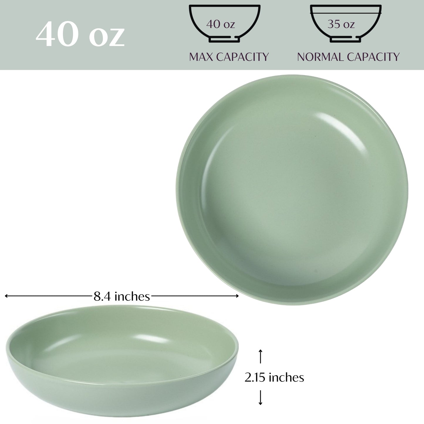 Large Ceramic Pasta Bowls Set of 4 - 40 oz - Green