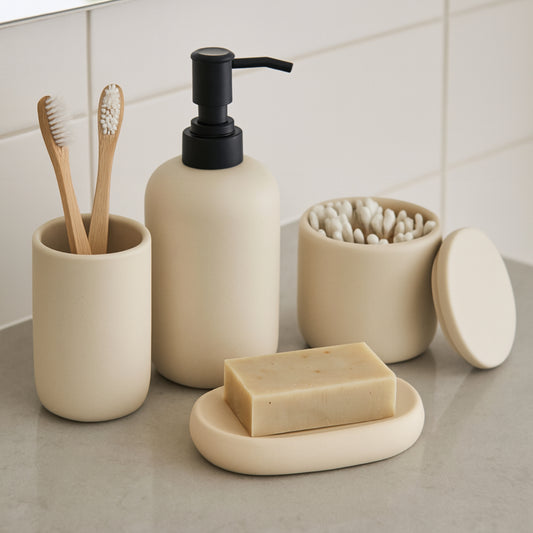 Ceramic Bathroom Accessories Set 4 Pcs - Cream White/Beige