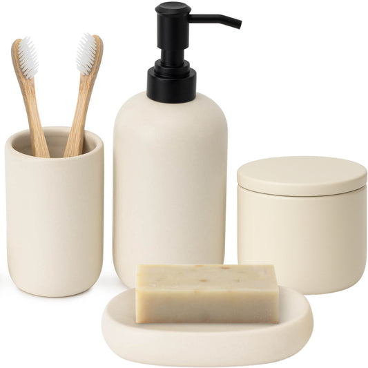 Ceramic Bathroom Accessories Set 4 Pcs -  Cream White/Beige