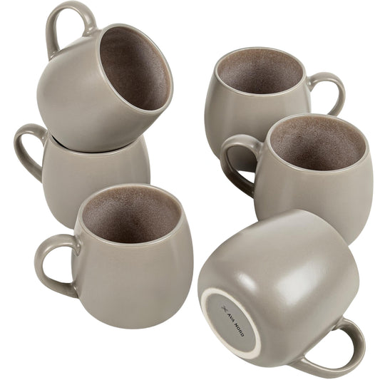 Ava Nord Ceramic Coffee Mugs Set of 6, 14oz - Modern Scandinavian Aesthetic Cup - Microwavable Stoneware Coffee Cups with Comfortable Handle - Tea Mug Set for Latte, Cappuccino, Soup - Taupe