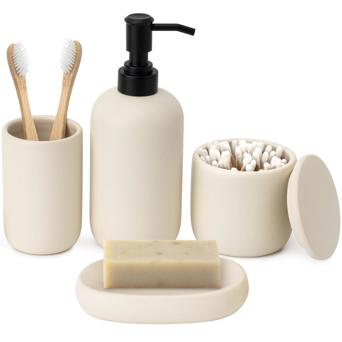 Ceramic Bathroom Accessories Set 4 Pcs - Modern Scandinavian Neutral Soap Dish & Dispenser Toothbrush Holder Cup - Minimalist Countertop Accessory Set - Cream Light Beige Off-White Bathroom Decor