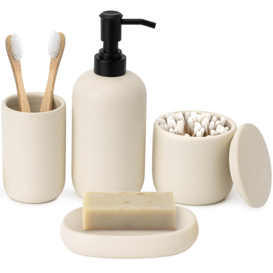 Ceramic Bathroom Accessories Set 4 Pcs - Modern Scandinavian Neutral Soap Dish & Dispenser Toothbrush Holder Cup - Minimalist Countertop Accessory Set - Cream Light Beige Off-White Bathroom Decor