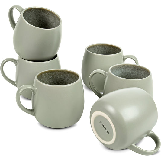 Ava Nord Ceramic Coffee Mugs Set of 6, 14oz - Modern Scandinavian Aesthetic Cup - Microwavable Stoneware Coffee Cups with Comfortable Handle - Tea Mug Set for Latte, Cappuccino, Soup - Soft Sage Green