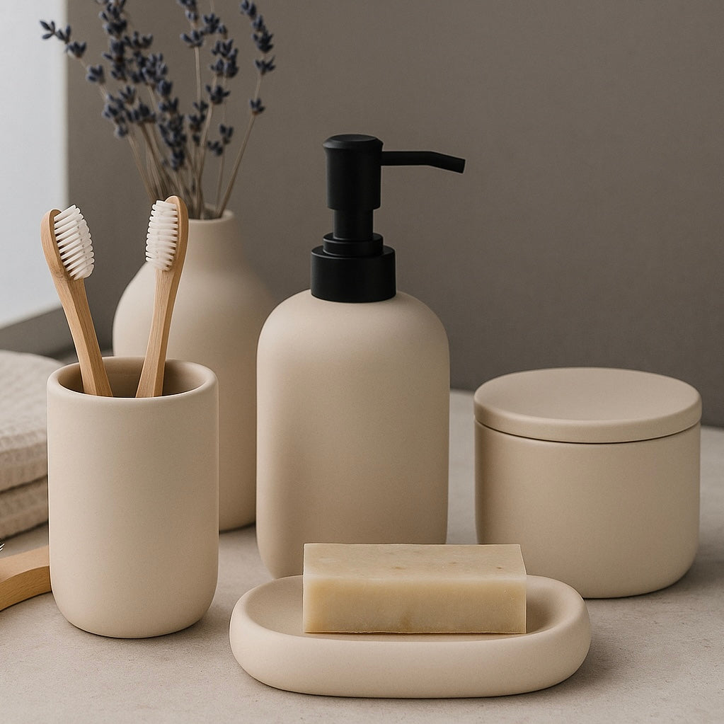 Cream ceramic bathroom set with soap dispenser, toothbrush holder, tumbler, and soap dish