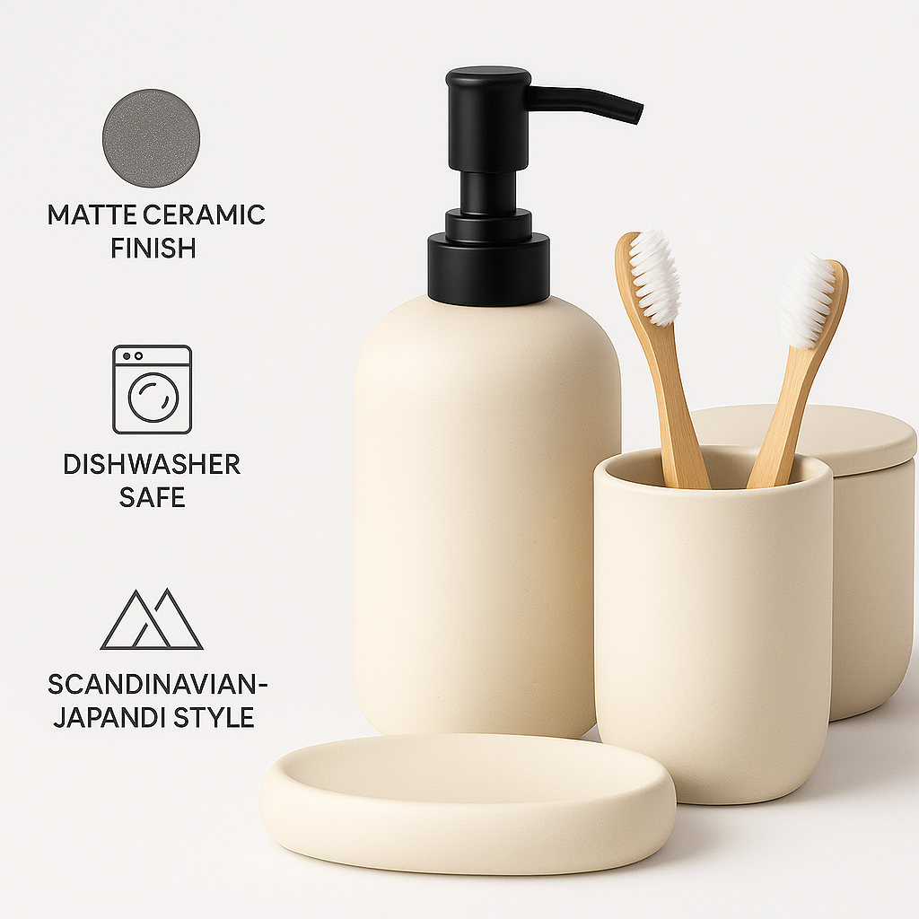 Ceramic Bathroom Accessories Set 4 Pcs -  Cream White/Beige