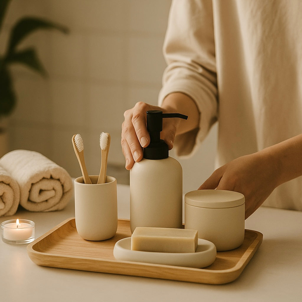 Scandinavian bathroom with Ava Nord cream ceramic accessories