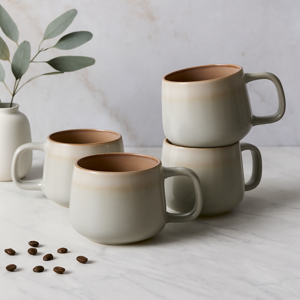 Ava Nord Sage Ash ceramic coffee mugs on minimalist kitchen countertop
