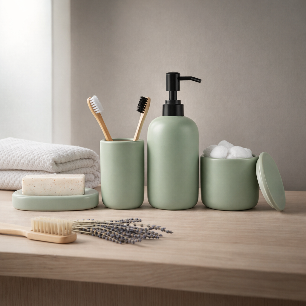 Ava Nord sage green ceramic bathroom set detail