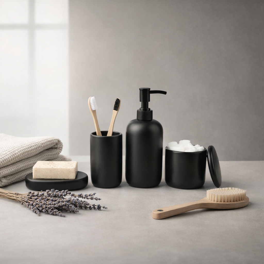 Ava Nord matte black ceramic bathroom accessories set 4 pieces