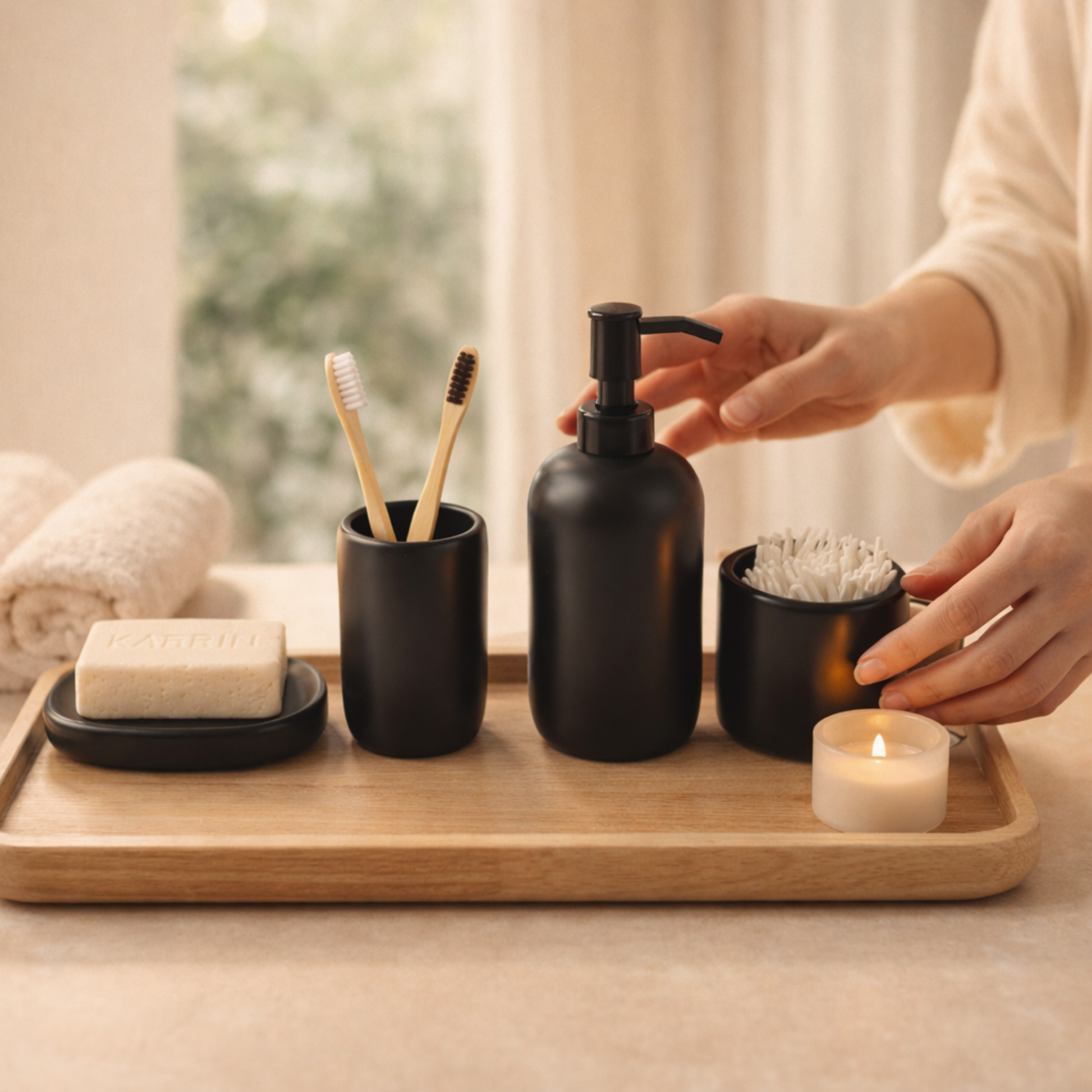 Black matte ceramic bathroom soap dispenser and accessories