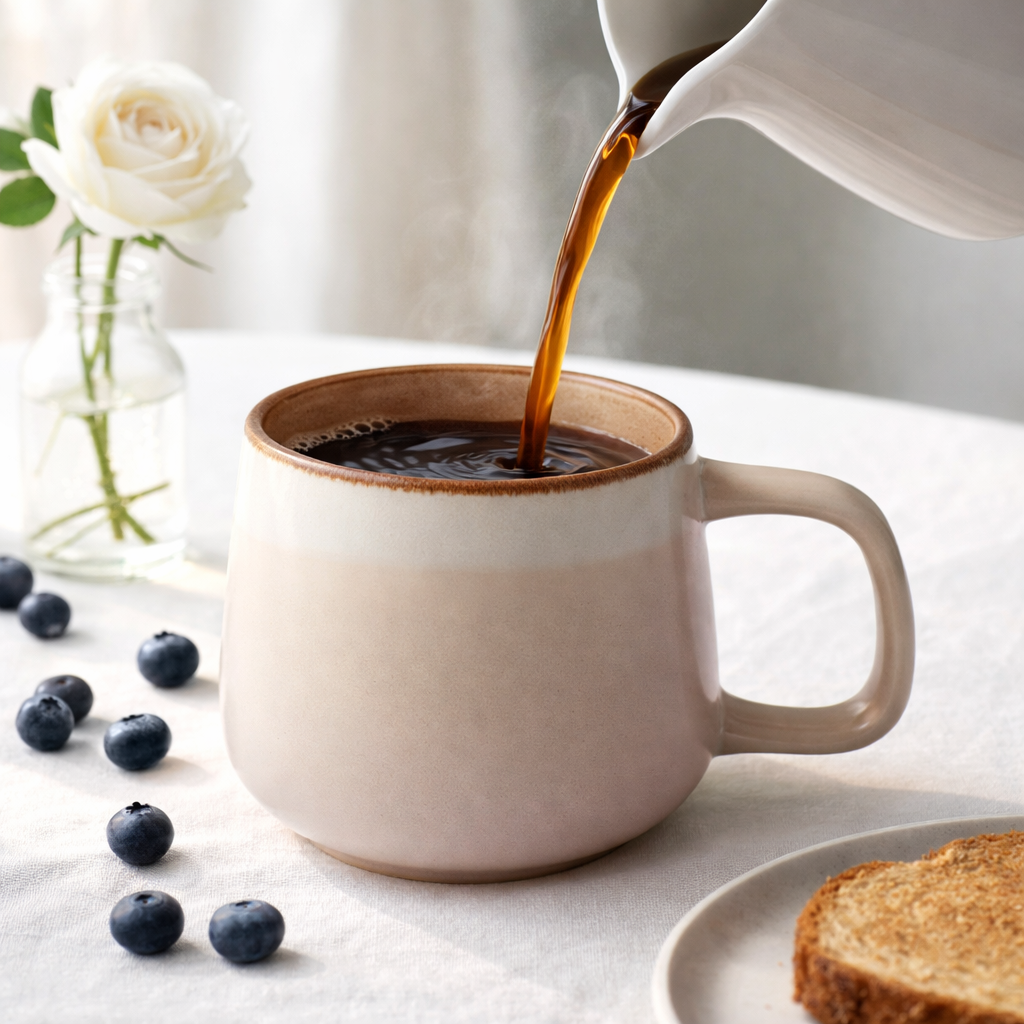 Ava Nord Rose Sand ceramic coffee mug held in hand