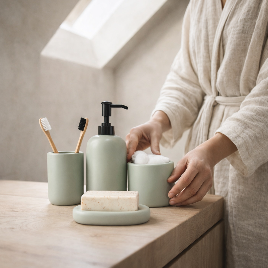 Sage green ceramic bathroom accessories on countertop