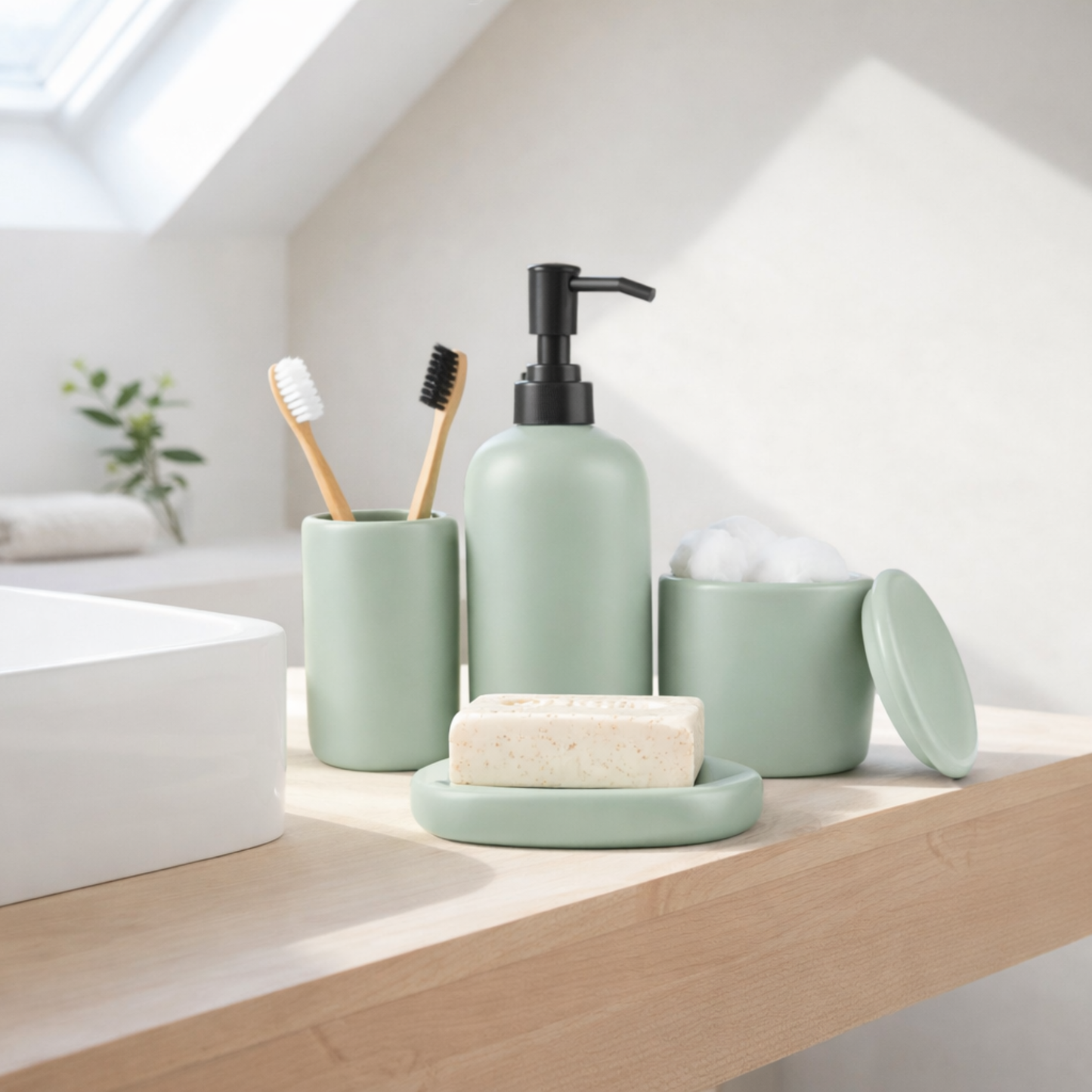 Sage green ceramic bathroom set in styled setting